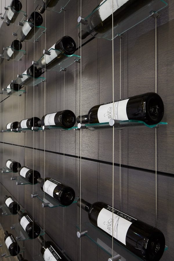 Angled closeup view of wire wine rack