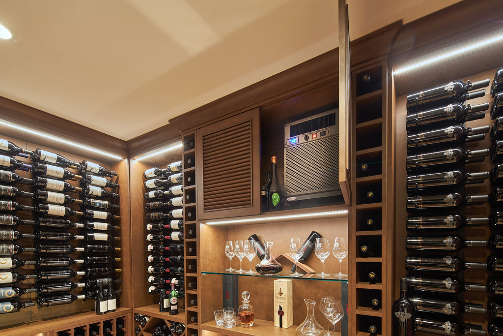 Self-contained through-wall wine cellar cooling unit