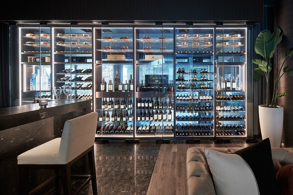 Full width view of wine wall.