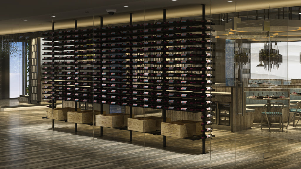 Evolution Wine Wall Racks Mounted Both Sides of Floor-to-Ceiling Posts