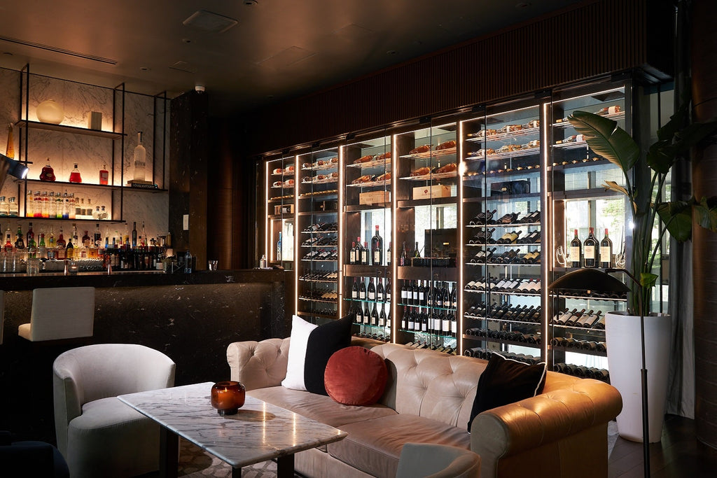 Angle view of wine wall looking towards bar