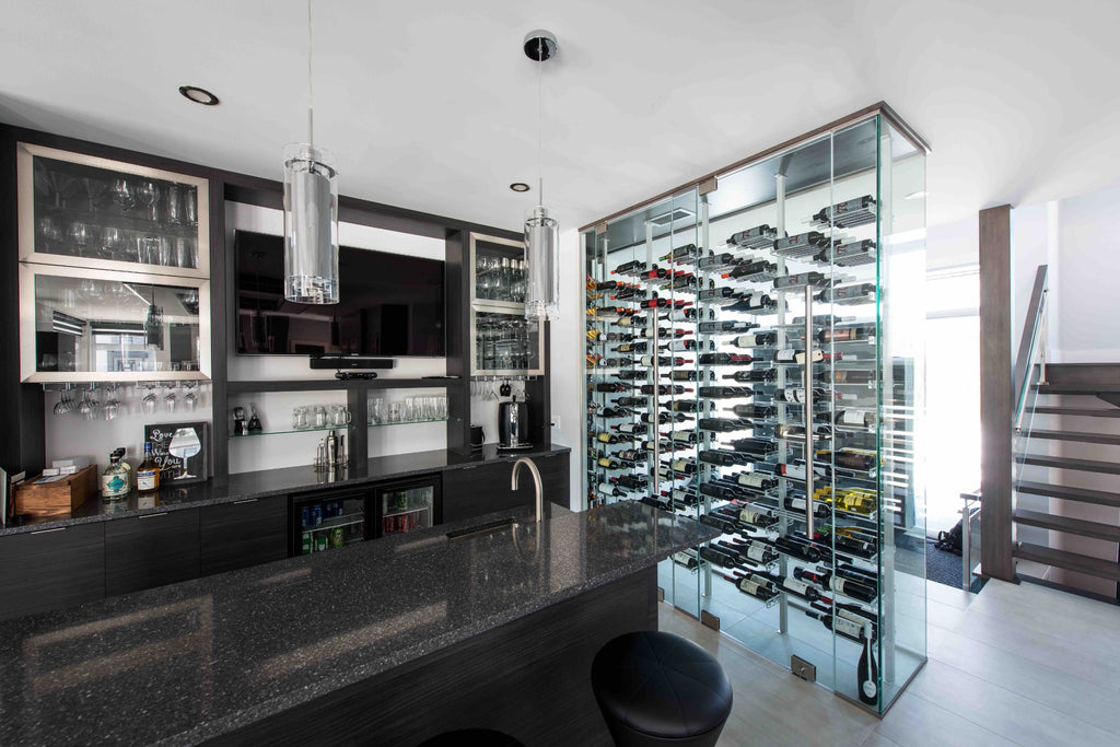 Glass wine cellar with Millesime wine racks inside Kelowna home