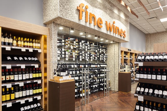 Angle view of main doors into the Fine Wines section.