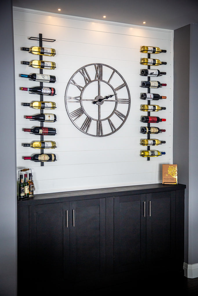 10 Bottle Matte Black Vino Mode Wine Racks Installed Over Bar Cabinetry