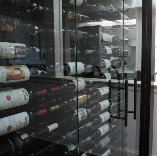 Glass Doors with Oil Rubbed Bronze Ladder Pull Handles on Custom Wine Cabinet