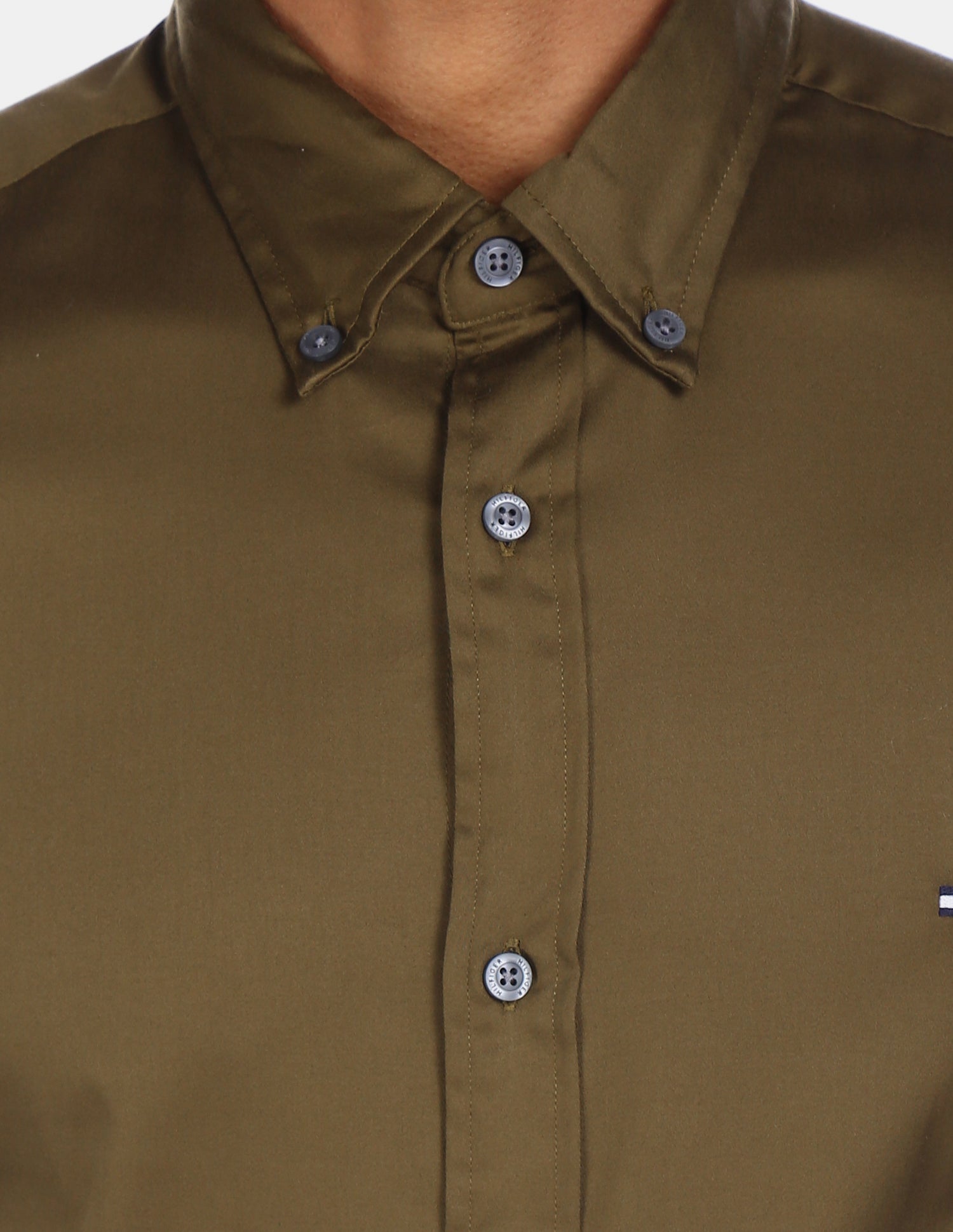 Men Olive Slim Fit Stretch Sateen Solid Smart Casual Shirt