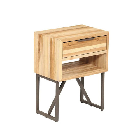 A wooden side table with a draw and empty space for storage.