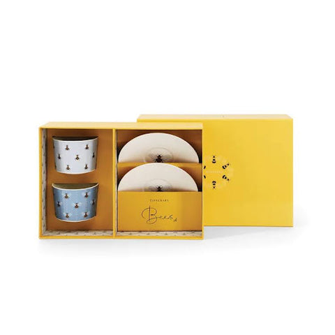 Bumble bee cappuccino mugs and saucers in a bright yellow display box.