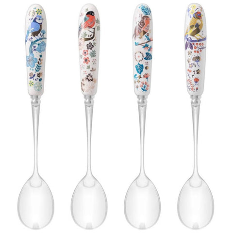 A set of four dessert spoons. Each one has a different garden bird design on the handle in different pastel colours.