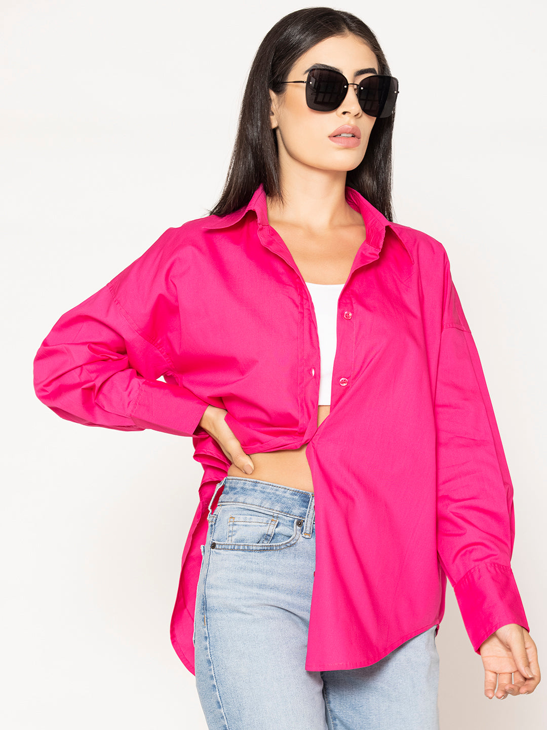 Hot Pink Baggy Oversized Fit Pure Cotton Poplin Shirt - LOUNGE DREAMS product image