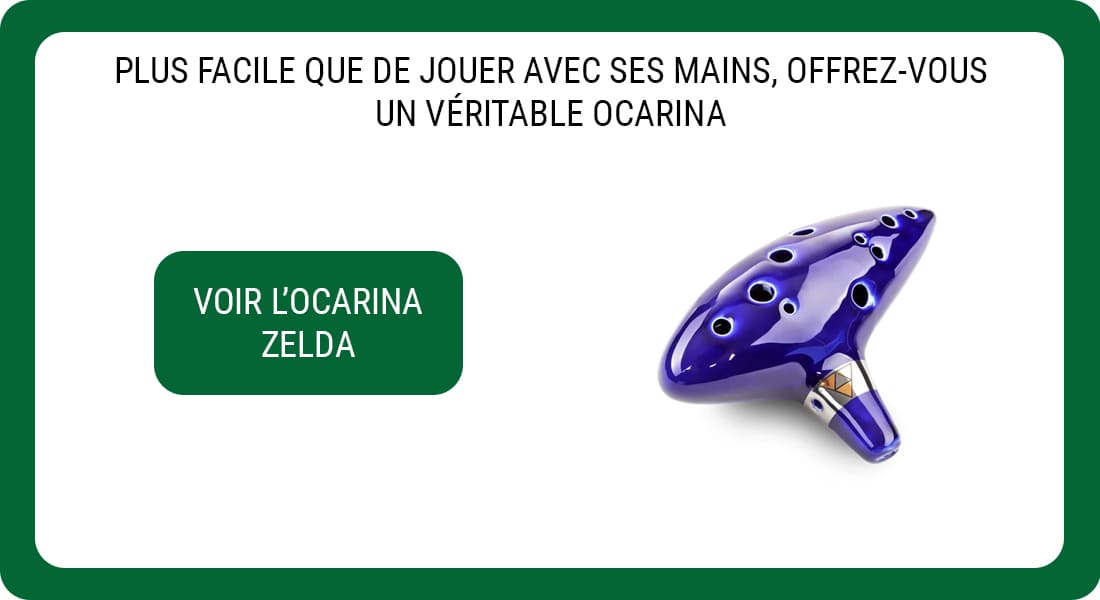Une publicité pour un Ocarina de 12 trous aux couleurs du jeu-vidéo Zelda