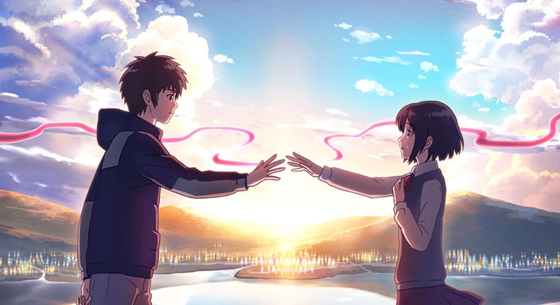 Taki et Mitsuha face à face et se tendant à la main