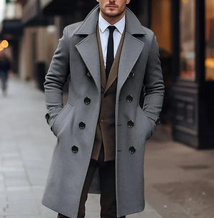 Fall Winter Men Woolen Coat Double Breasted Long - Pi-Mart