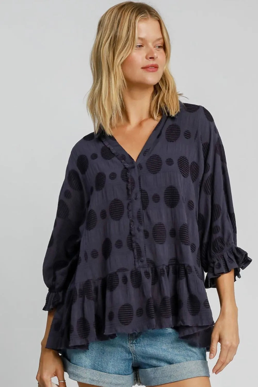 Umgee Full Size Swiss Dot Half Button Flounce Sleeve Blouse Plus Size
