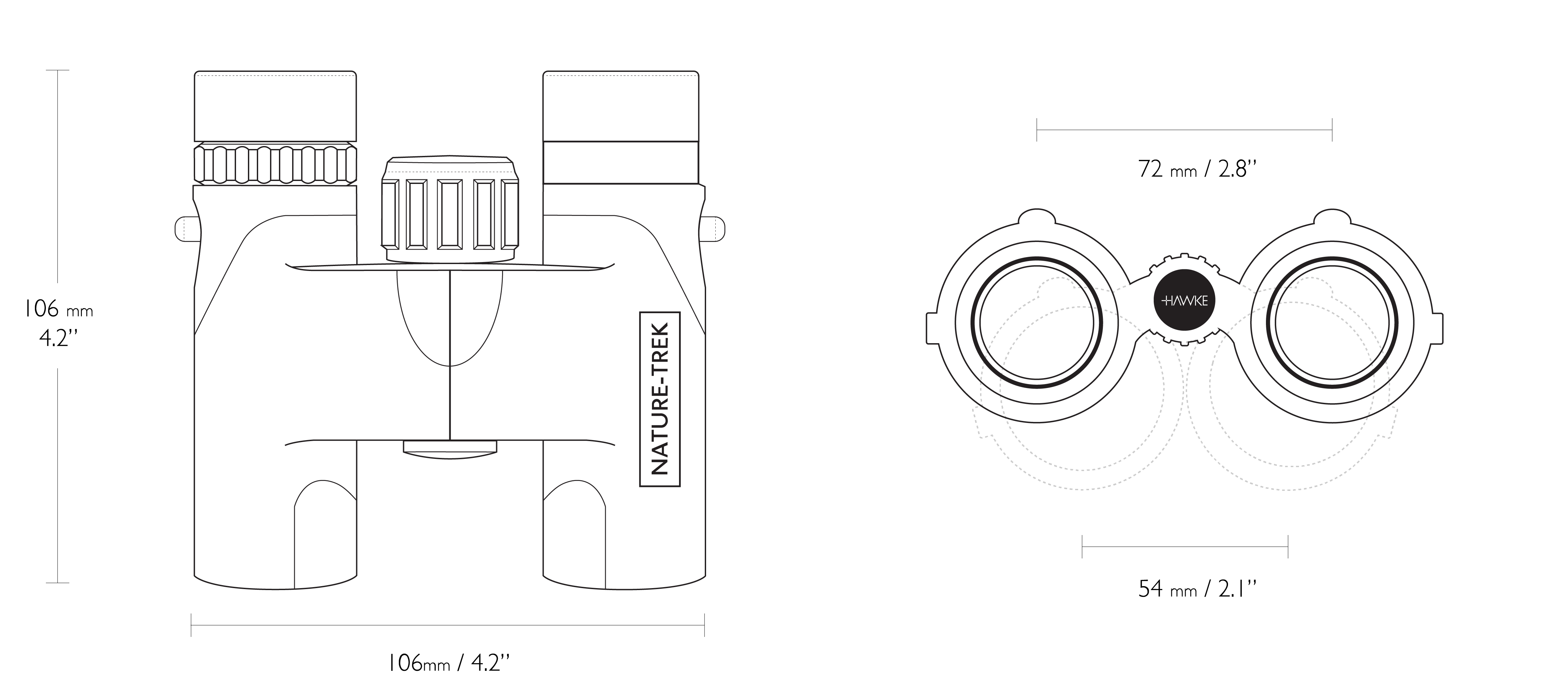 CAD drawing of thre Hawke NatureTrek Compact Binoculars