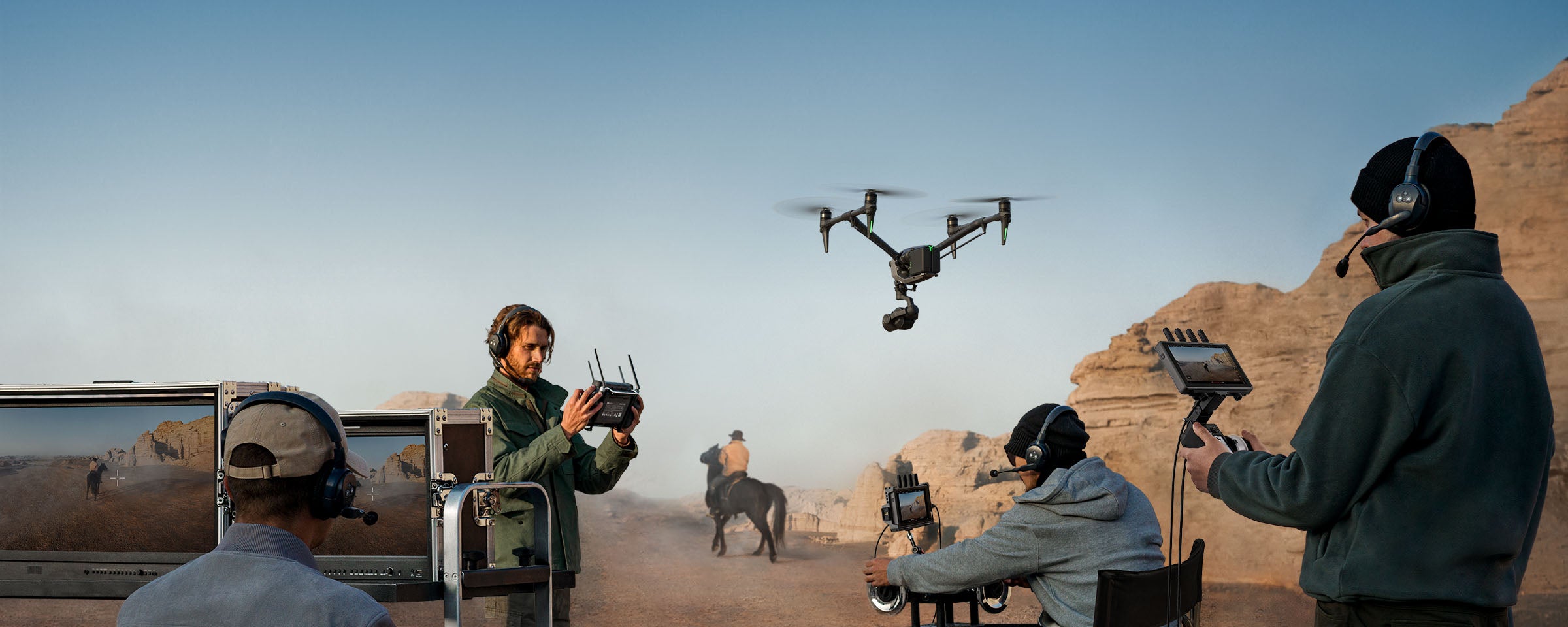 Photo of the DJI Inspire 3 being used on location by professional film makers & photographers