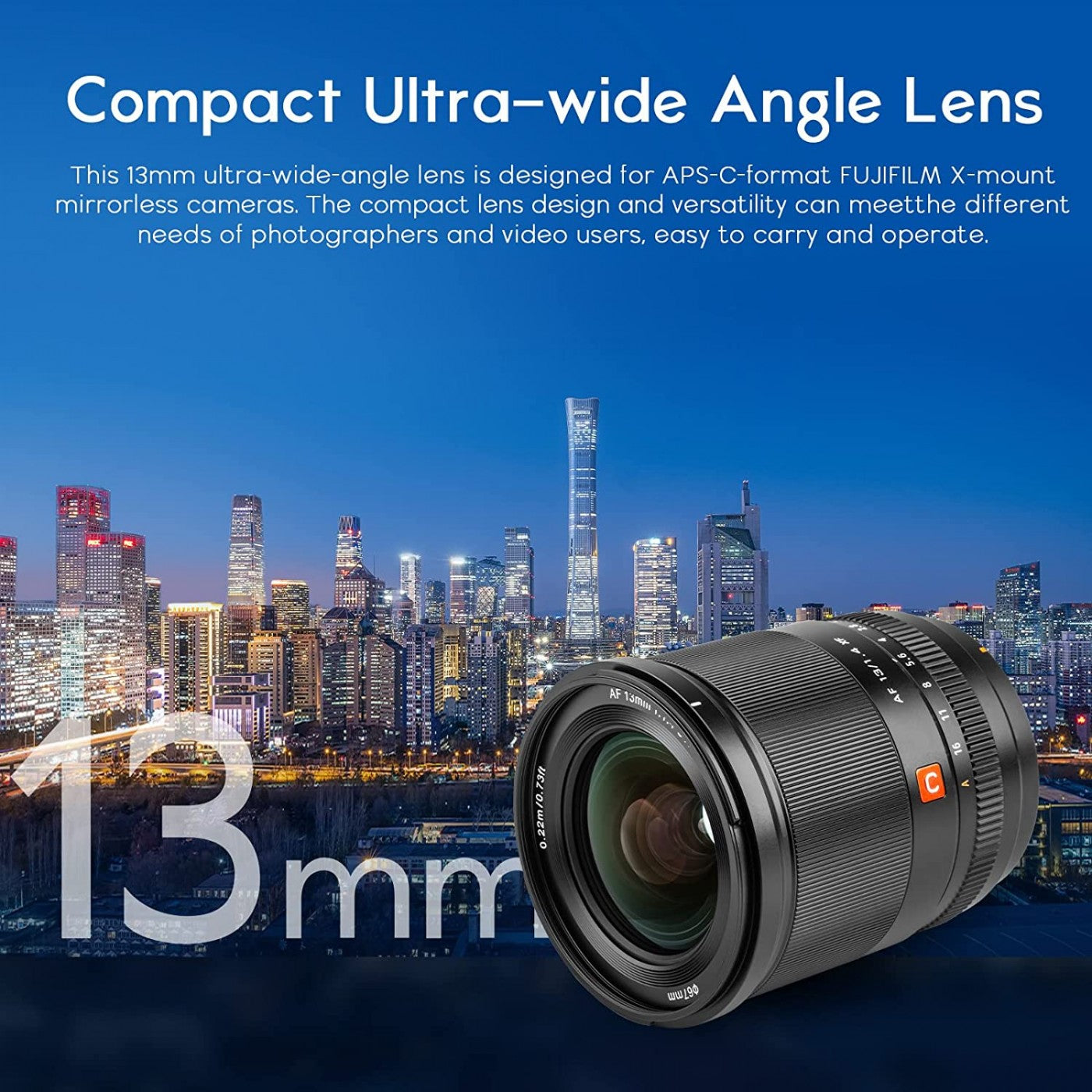 Additional information of the lens on a lifestyle shot of a city scape