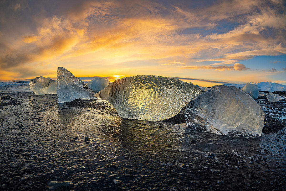 Sample photo taken Sigma 15mm f1.4 - Ice shards on the beach at sunset