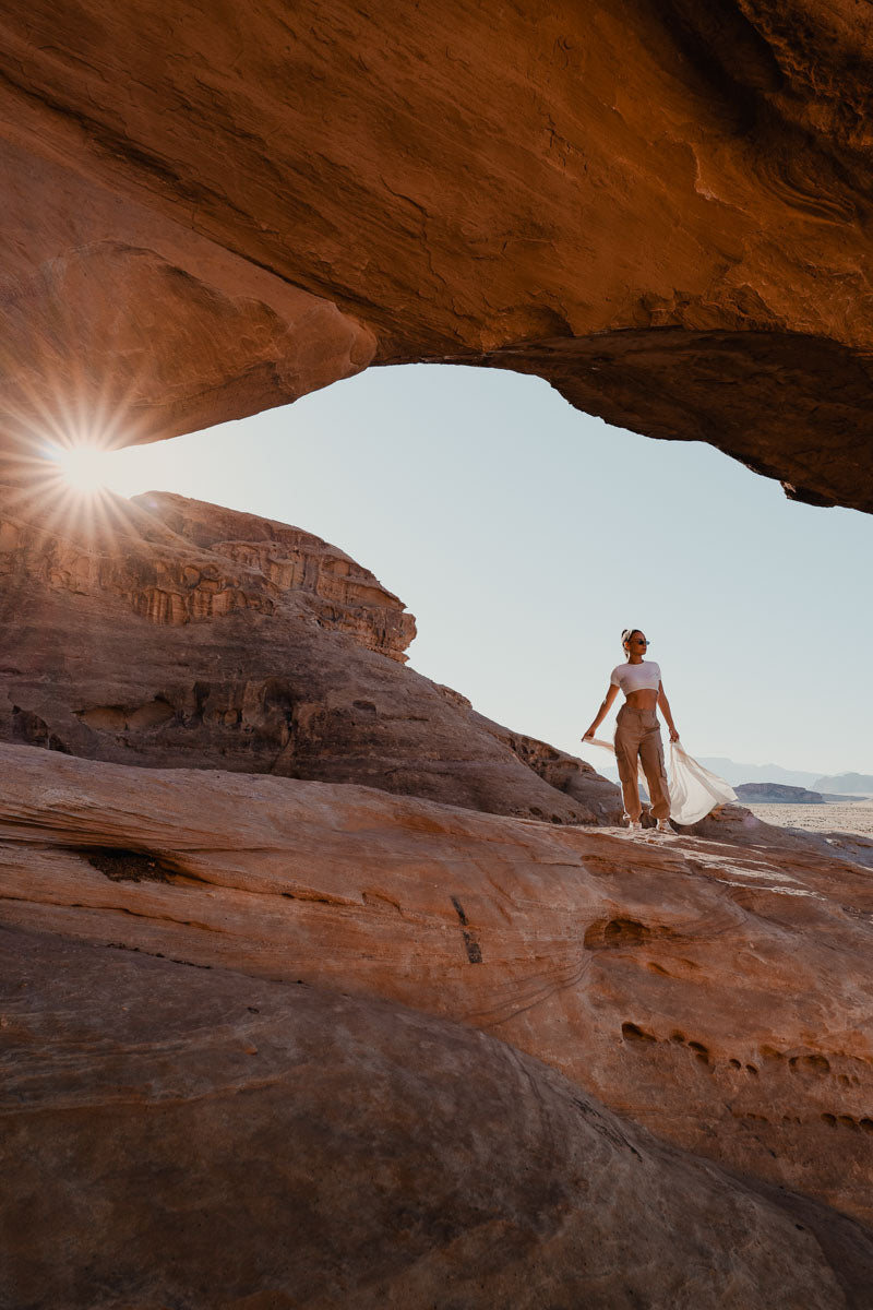 Portrait shot from the lens in a desert canyon