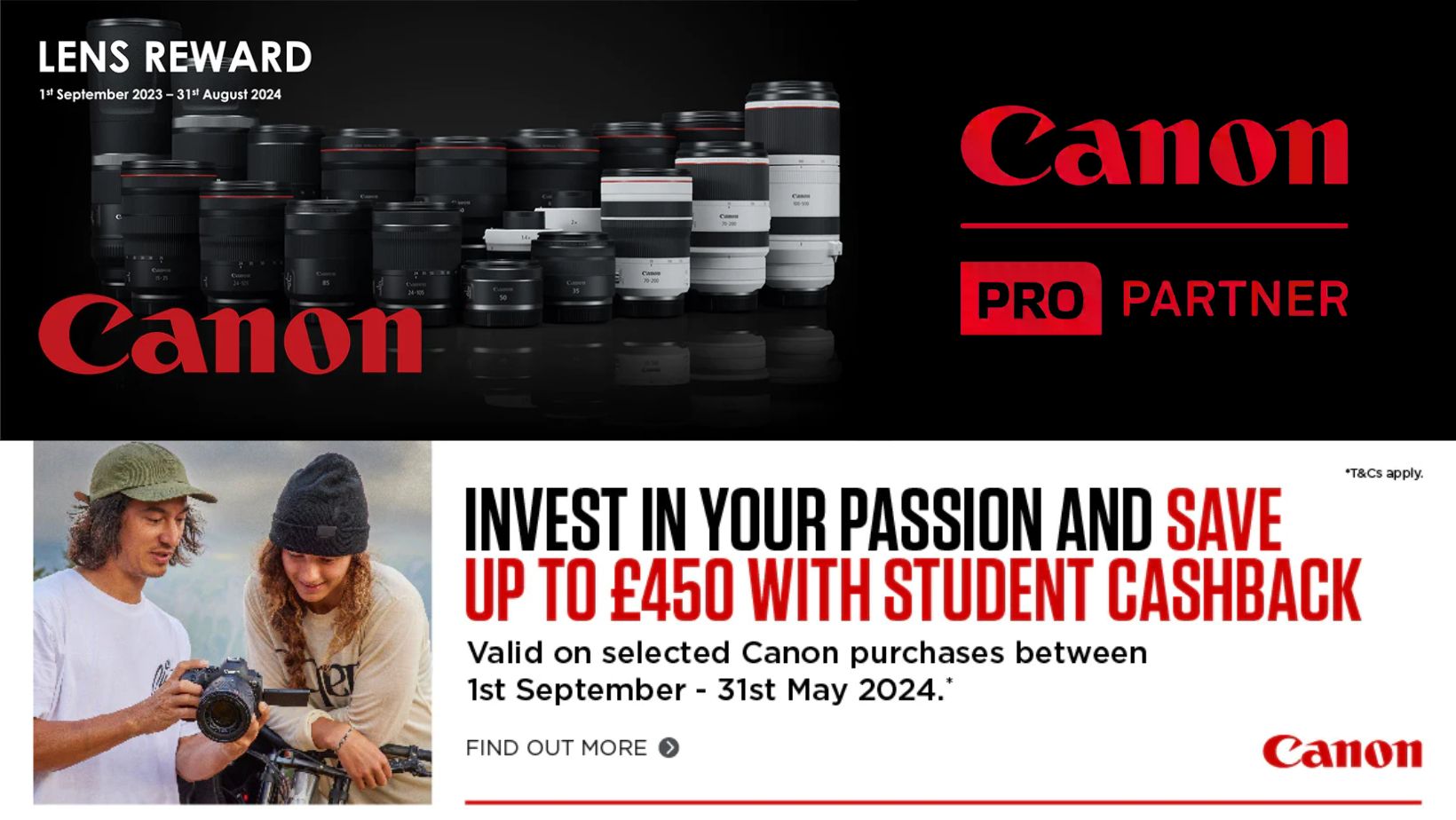 Promotional Graphic for the 2 Canon Offers - Lens Reward & Student Cashback