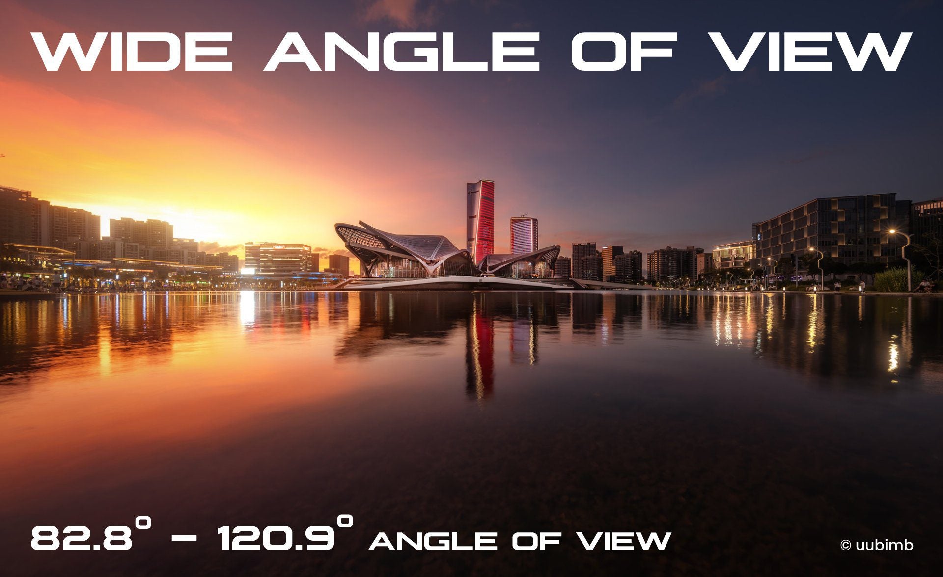 Wide angle of view example photo of a city scape and sunset