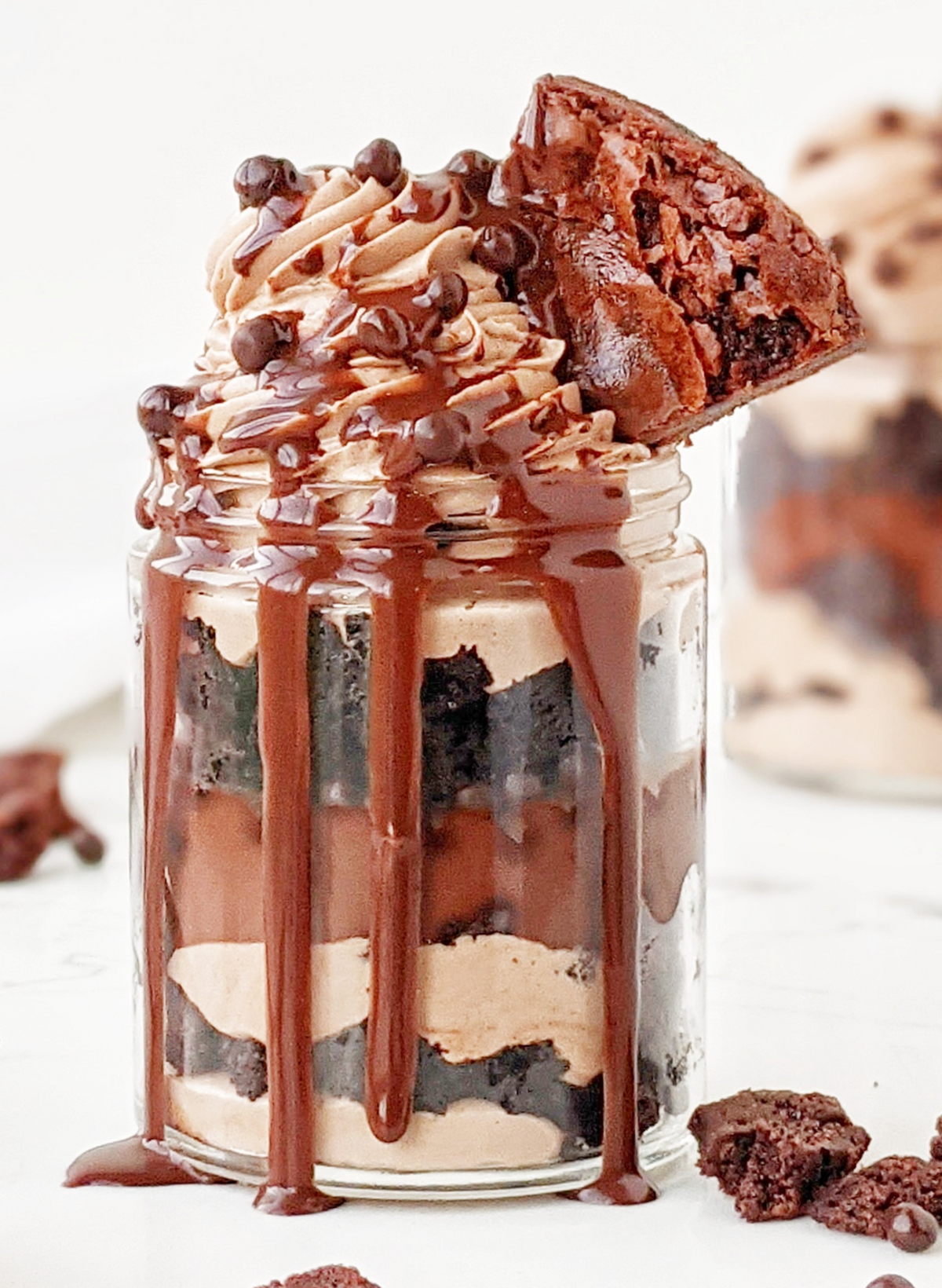 trifle in a jar with cake, dark chocolate, mocha syrup and pecan pie