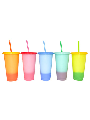 5-pack Color Changing Plastic Cups With Lids And Straws, 24oz