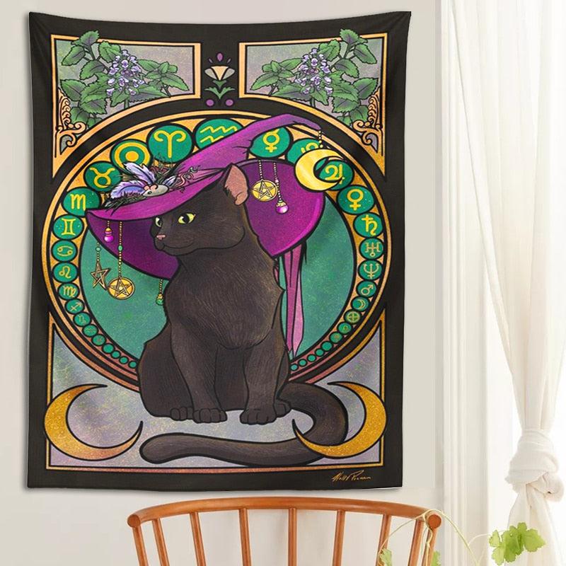 Magic Black Cat Tapestry Witch Wall Hanging-MoonChildWorld