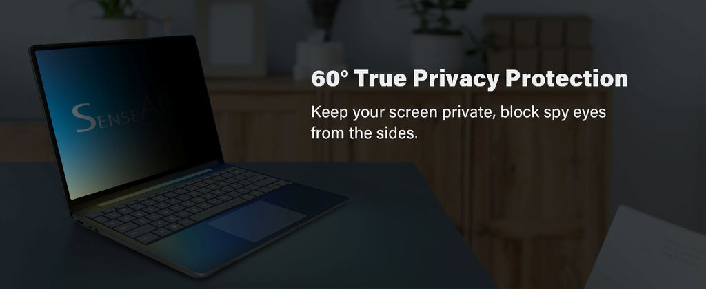 プライバシー スクリーンによる視認性の低下を示す、Microsoft Surface Laptop 13.5 インチの側面図。