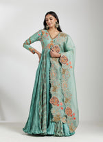 Terquoise Chanderi Embroidered Anarkali Set