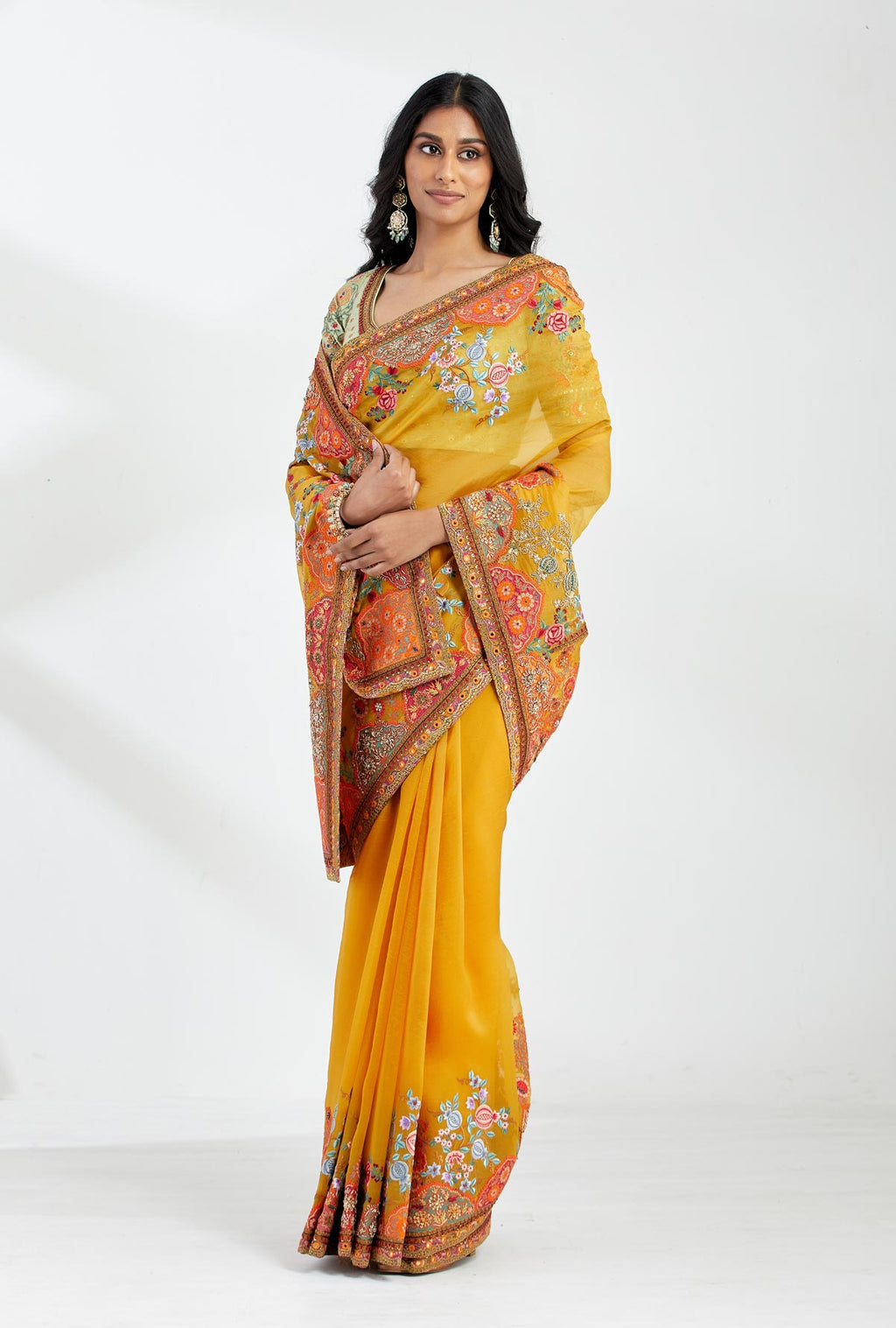 Contrast Blouse on Yellow Saree Online