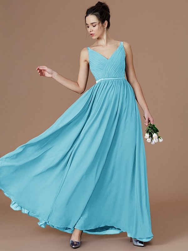 Sleeveless Ruched V-neck A-Line/Princess Floor-Length Chiffon Bridesmaid Dresses