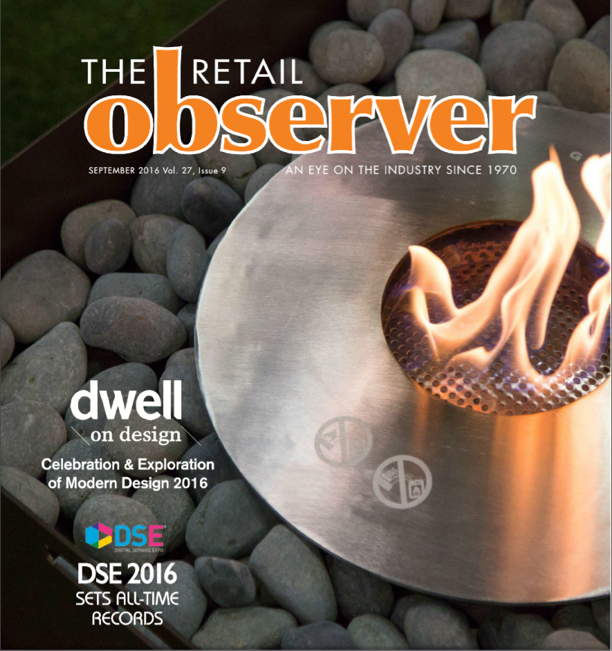 Retail Observer magazine cover with outdoor fireplace