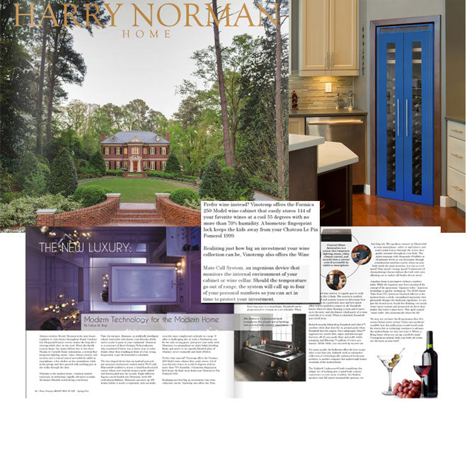 collage of skinny blue wine cabinet and magazine cover with brick mansion