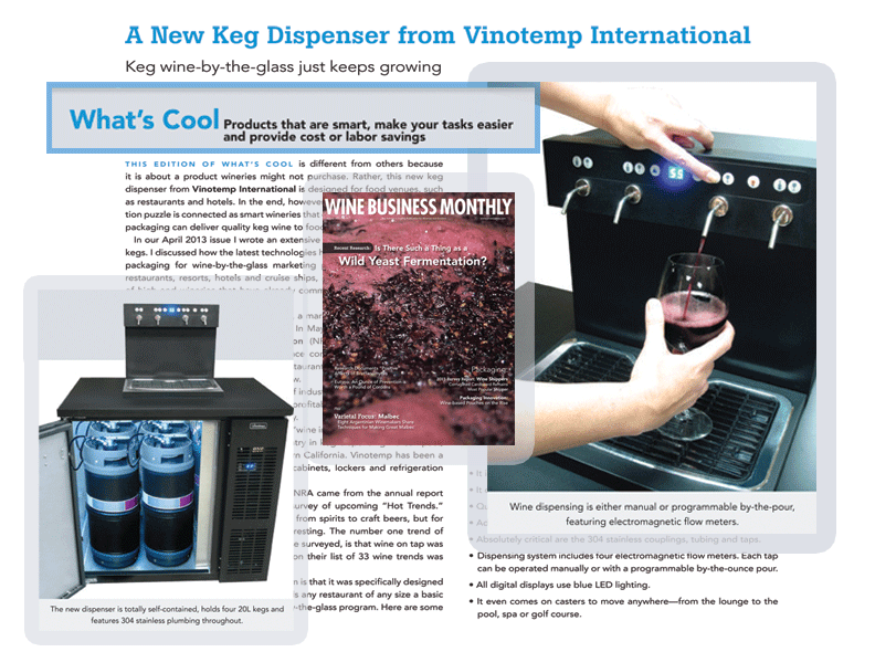 collage of wine dispensers and magazine cover with crushed grapes