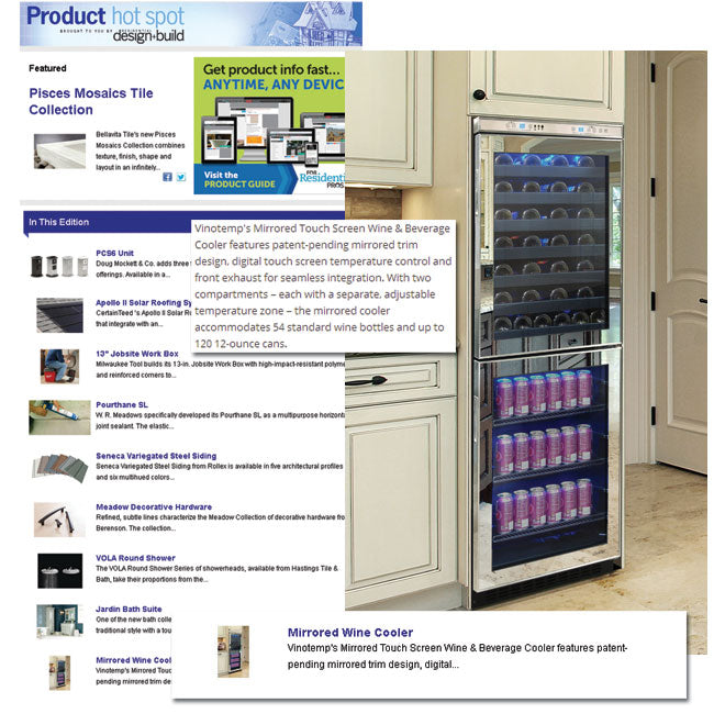 collage of mirrored trim wine cooler and article highlights