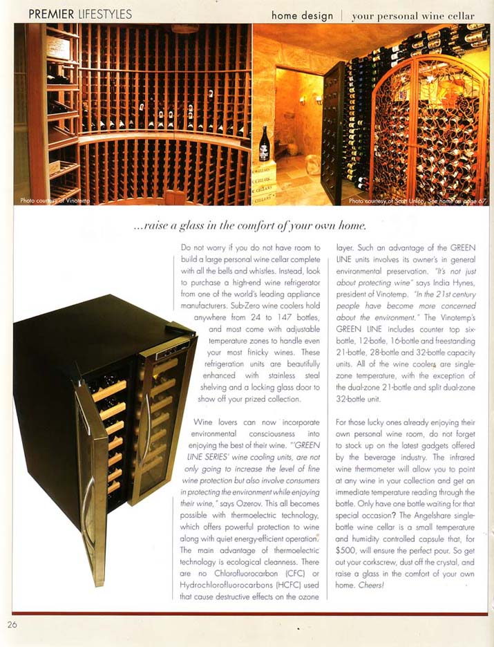 close up of large wood racks, side of wine cellar with metal racking, and two door wine cooler