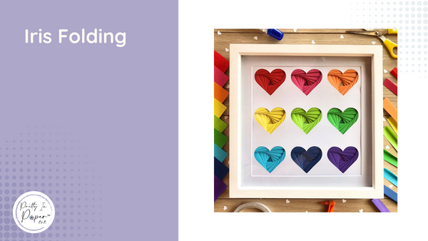 Iris folding artwork - nine hearts in different colours of the rainbow, in a 3x3 grid