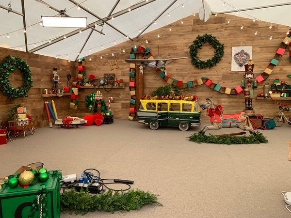 Kirstie's Handmade Christmas marquee with festive toy box decor