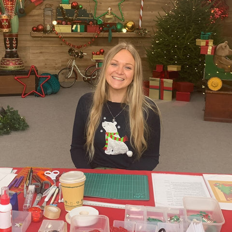 Bethan sat at her craft table in the Kirstie's Handmade Christmas tent