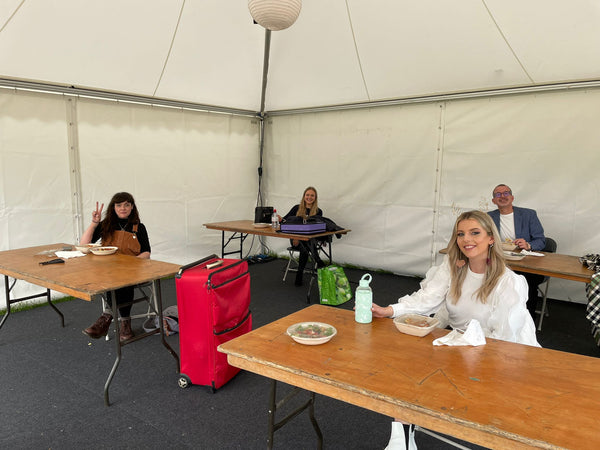 Bunty, Bethan, Darryl and Becky in a marquee (green room)