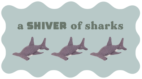 a group of stuffed sharks with the title "a SHIVER of sharks"