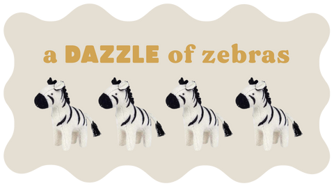 a group of stuffed zebras with the title "a DAZZLE of zebras"