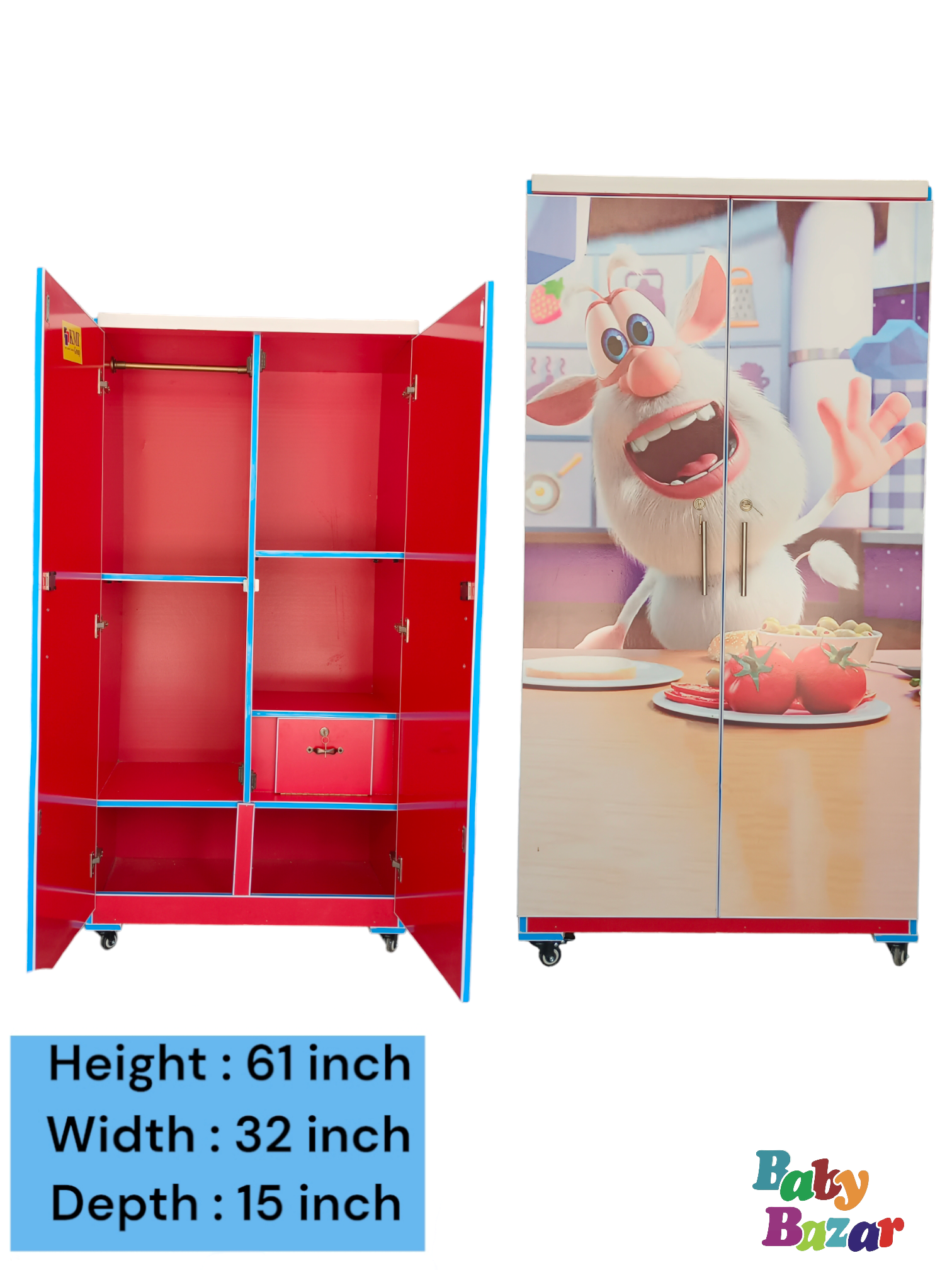 Stylish 5x3ft Wooden Baby Cupboard: Large hanging & storage In cartoon Design