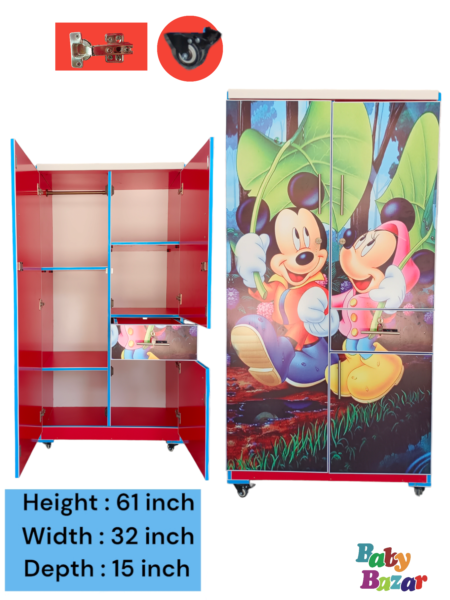 Stylish 5x3ft Wooden Baby Cupboard: Large hanging & storage In Mickey Mouse Design