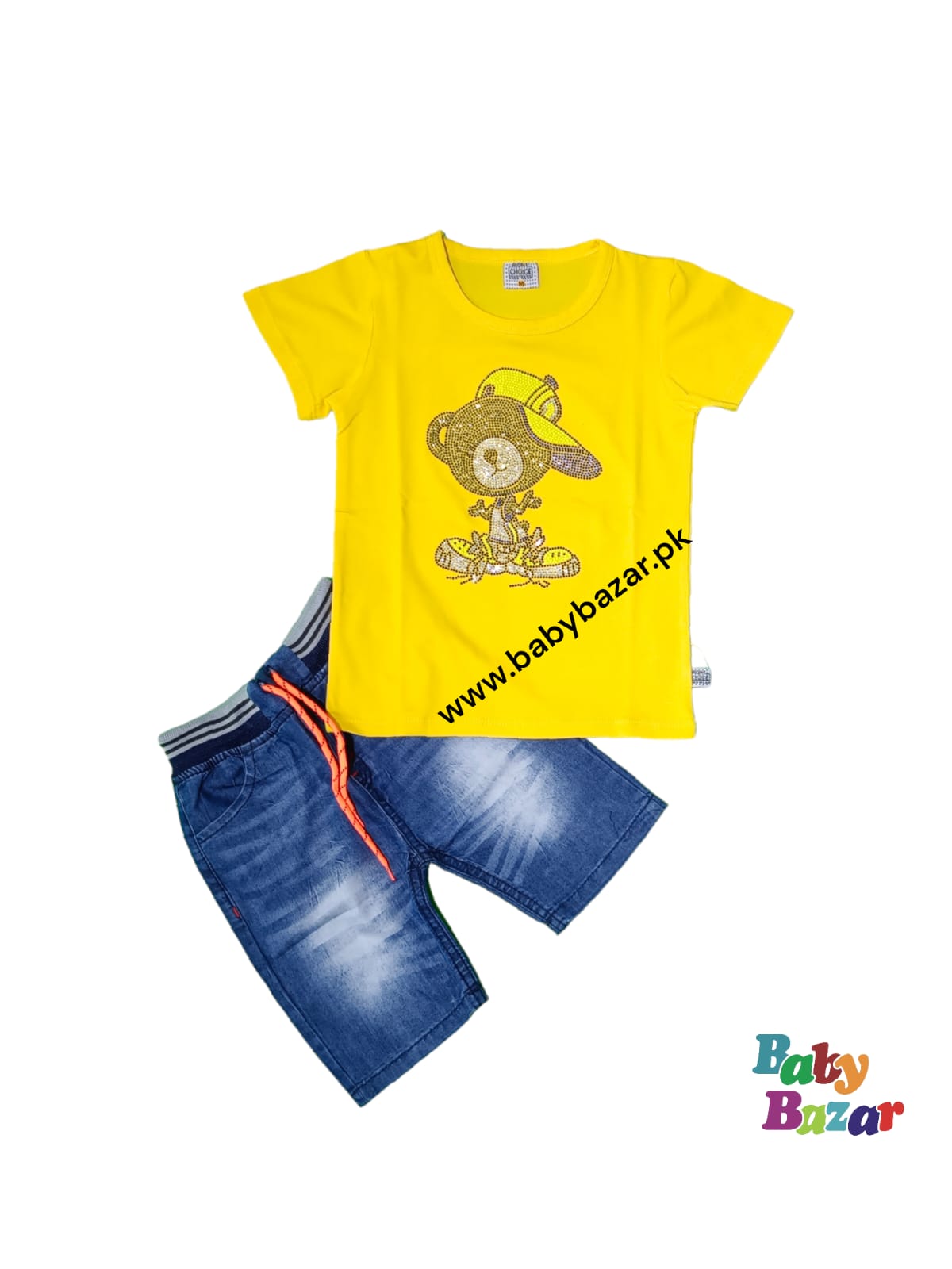 Shirt & Short In Yellow Colour With Simple  Bear Design In Blended Stuff For Toddler Boys