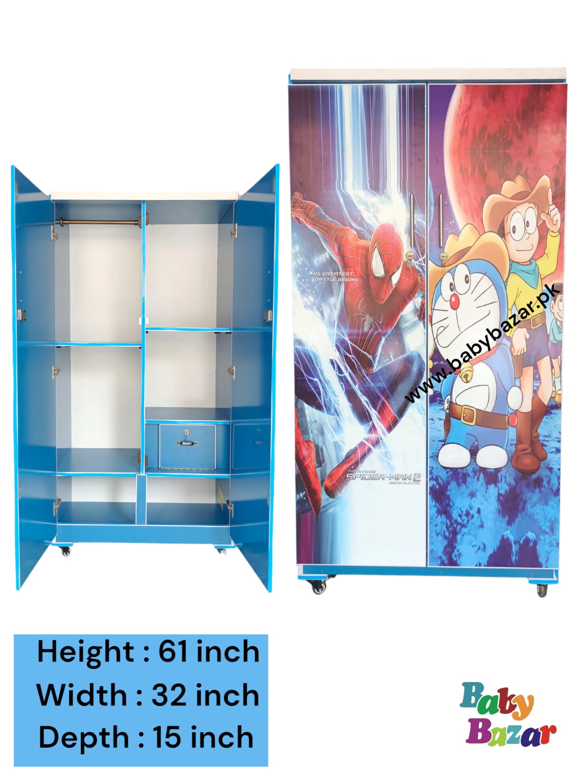 Stylish 5x3ft Wooden Baby Cupboard: Large hanging & storage In Doremon and Spider Man Design