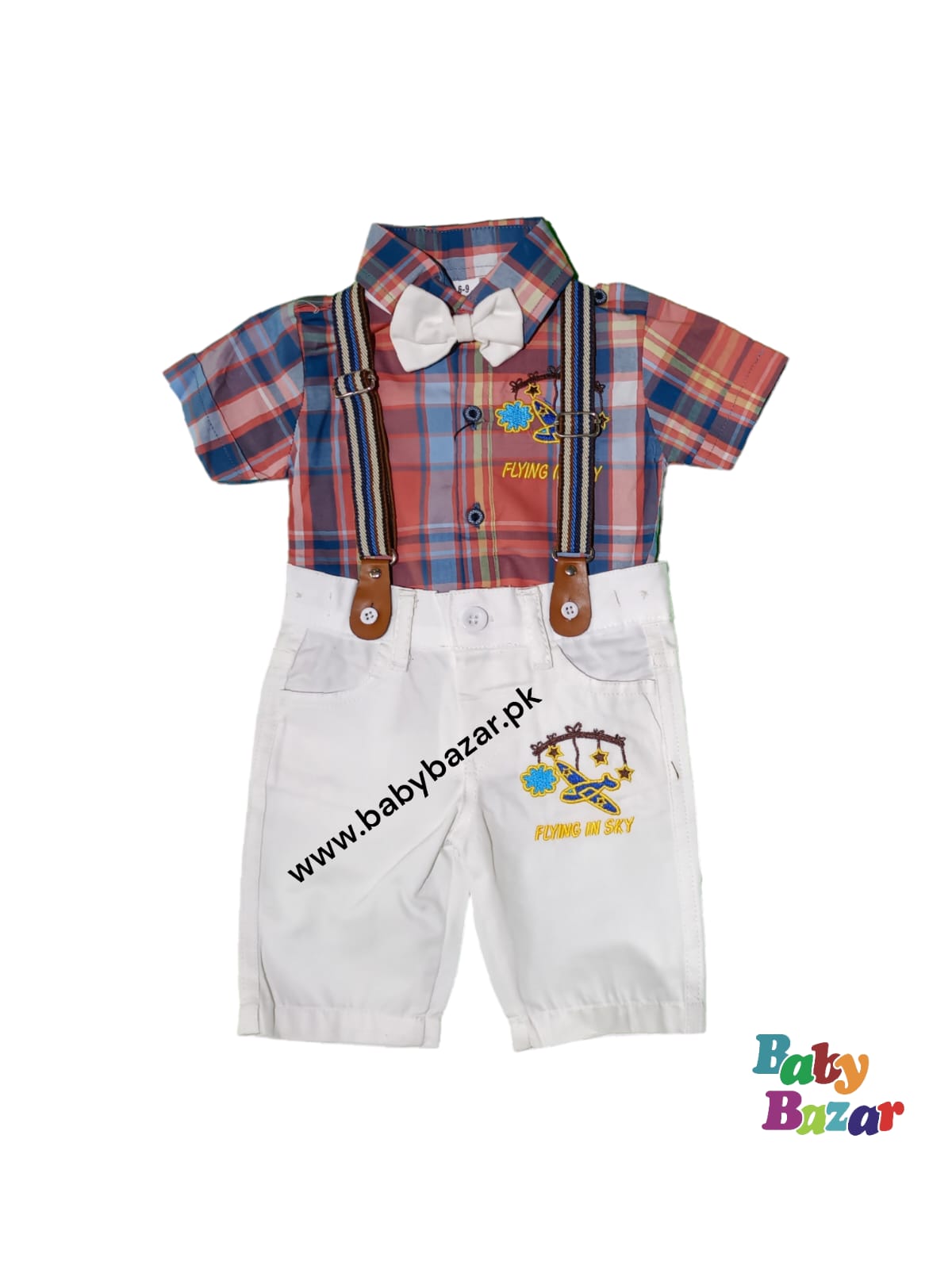 Baby Boys Lattice Outfits Children Plaid Shirt Top+Strap+Shorts  For Summer