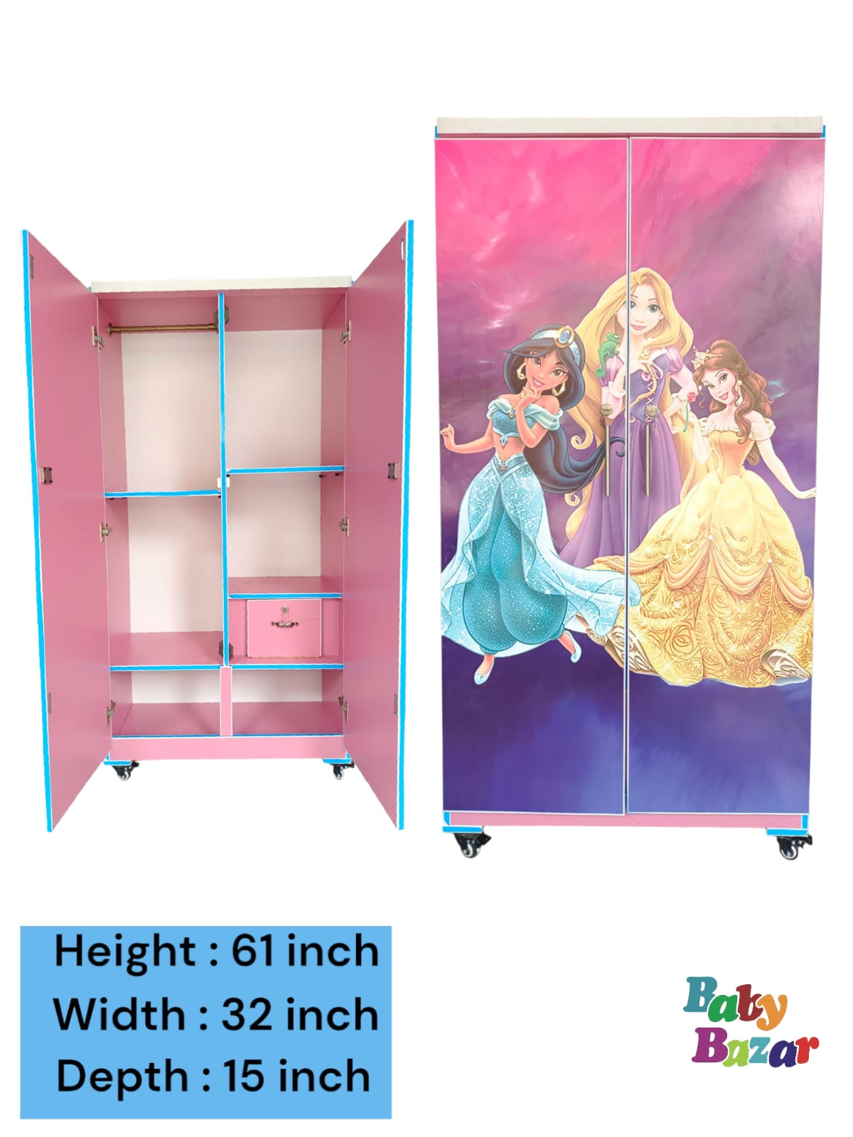 Stylish 5x3ft Wooden Baby Cupboard: Large hanging & storage In Barbie Girl Design