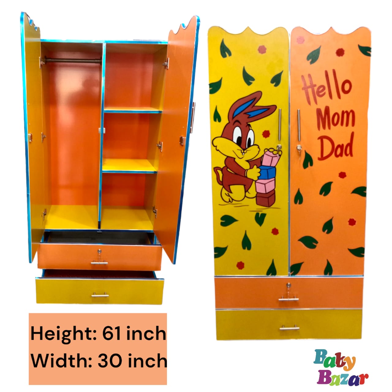 Stylish Wooden Baby Cupboard: Large hanging &amp; storage In cartoon Design (4x2.5ft)